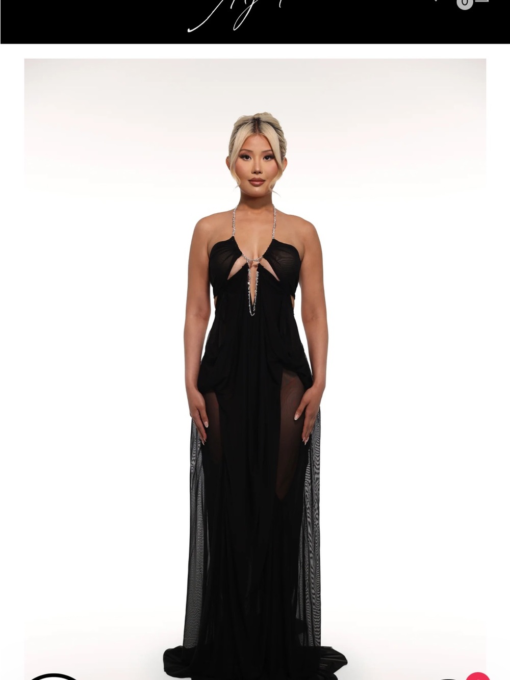 Backless Black Halter Evening Dress with Rhinestone Detail